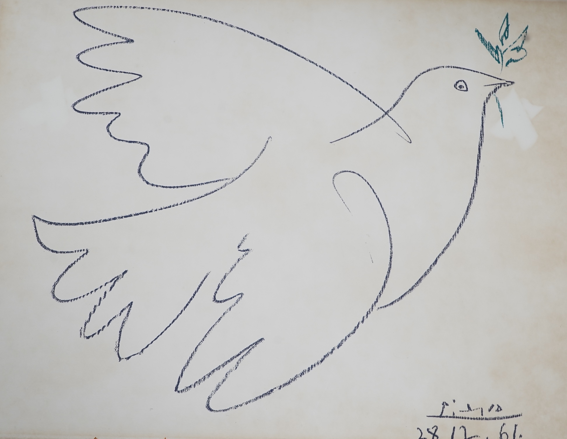 After Pablo Picasso (Spanish, 1881-1973), ‘Dove of Peace’, signed and dated 28.12.61 in the plate, Editions combat pour la paix copyright SPADEM PARIS stamped verso, lithograph, unframed, 50 x 66cm